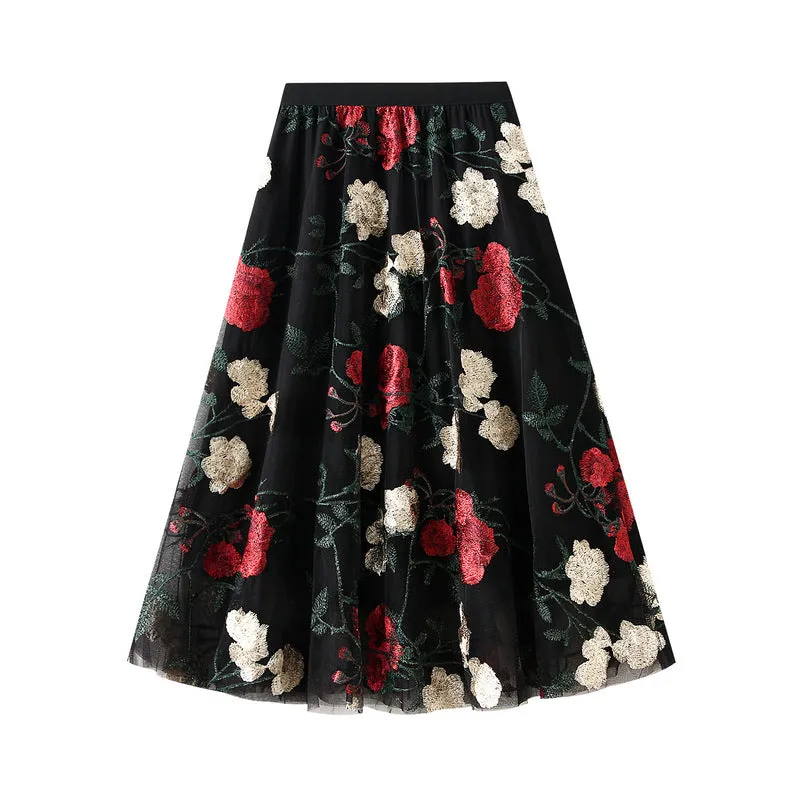 Retro High Waist Embroidered Flower Skirt Sweet Mesh Mid Length Fairy Skirt 759