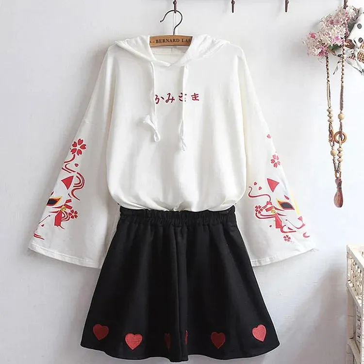 Sakura Fox Mask Letter Print Drawstring T-Shirt Hoodie Love Heart Skirt - Casual Style