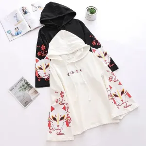 Sakura Fox Mask Letter Print Drawstring T-Shirt Hoodie Love Heart Skirt - Casual Style