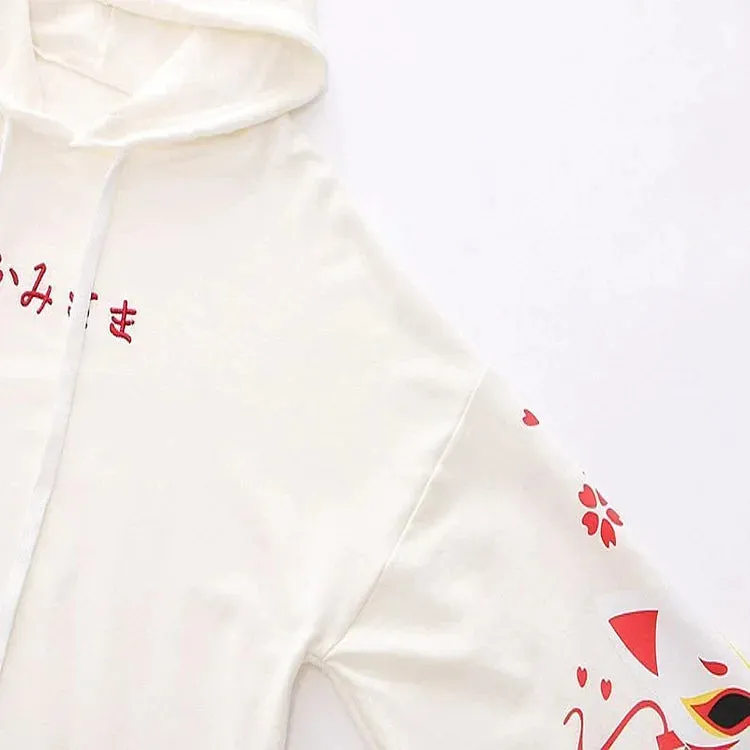 Sakura Fox Mask Letter Print Drawstring T-Shirt Hoodie Love Heart Skirt - Casual Style