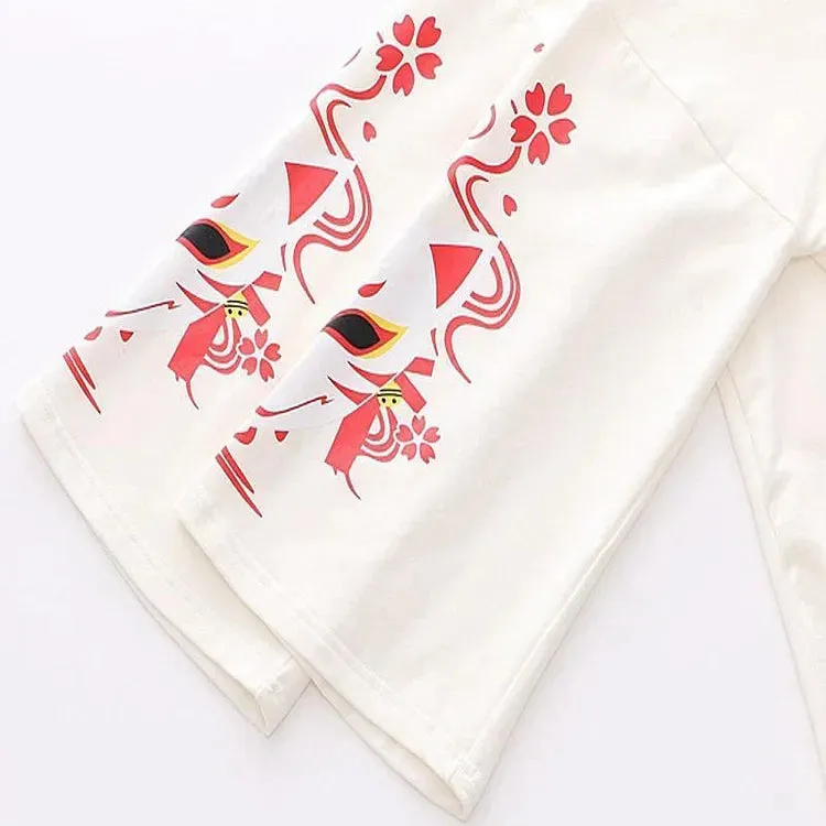 Sakura Fox Mask Letter Print Drawstring T-Shirt Hoodie Love Heart Skirt - Casual Style