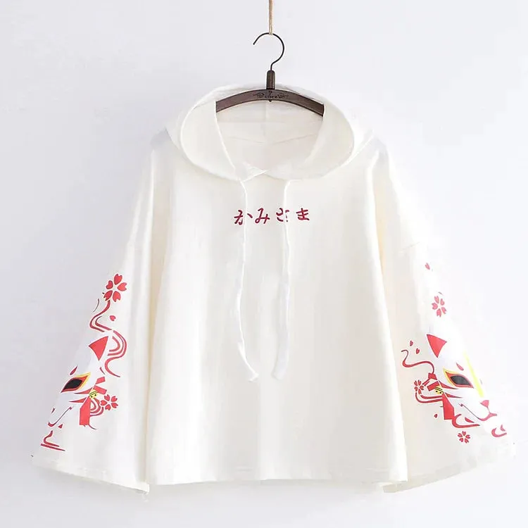 Sakura Fox Mask Letter Print Drawstring T-Shirt Hoodie Love Heart Skirt - Casual Style