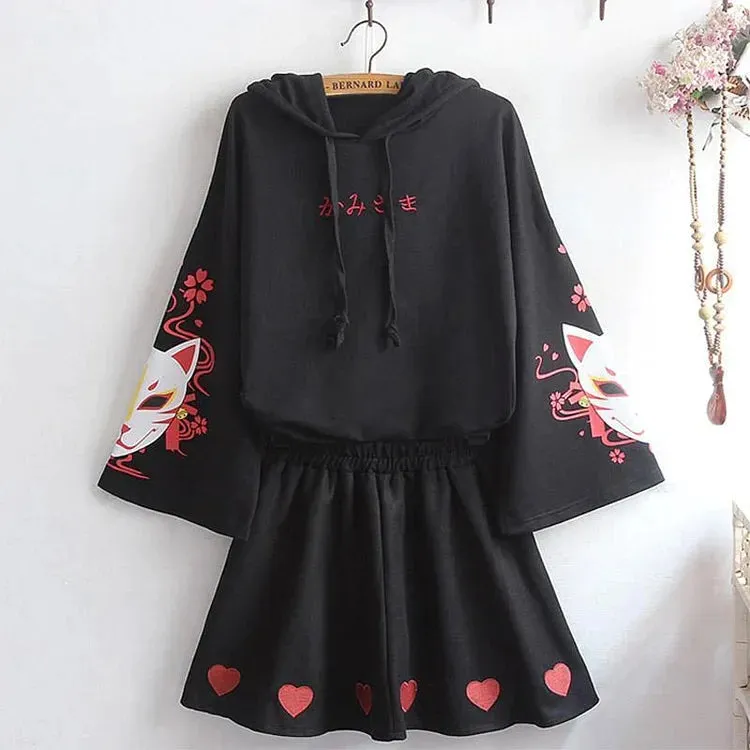 Sakura Fox Mask Letter Print Drawstring T-Shirt Hoodie Love Heart Skirt - Casual Style