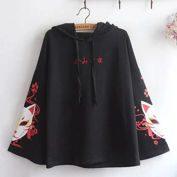 Sakura Fox Mask Letter Print Drawstring T-Shirt Hoodie Love Heart Skirt - Casual Style