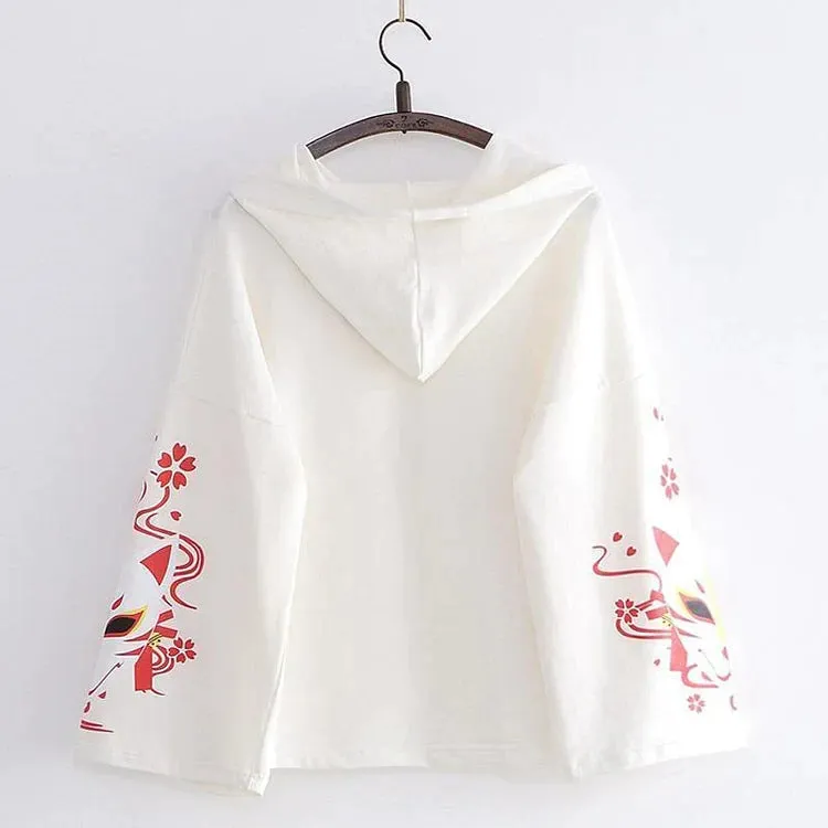 Sakura Fox Mask Letter Print Drawstring T-Shirt Hoodie Love Heart Skirt - Casual Style