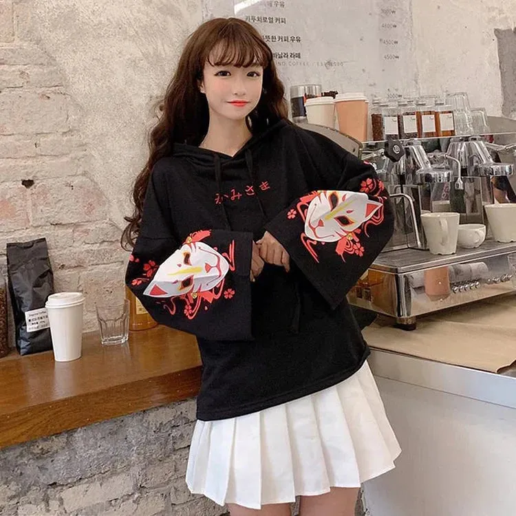Sakura Fox Mask Letter Print Drawstring T-Shirt Hoodie Love Heart Skirt - Casual Style