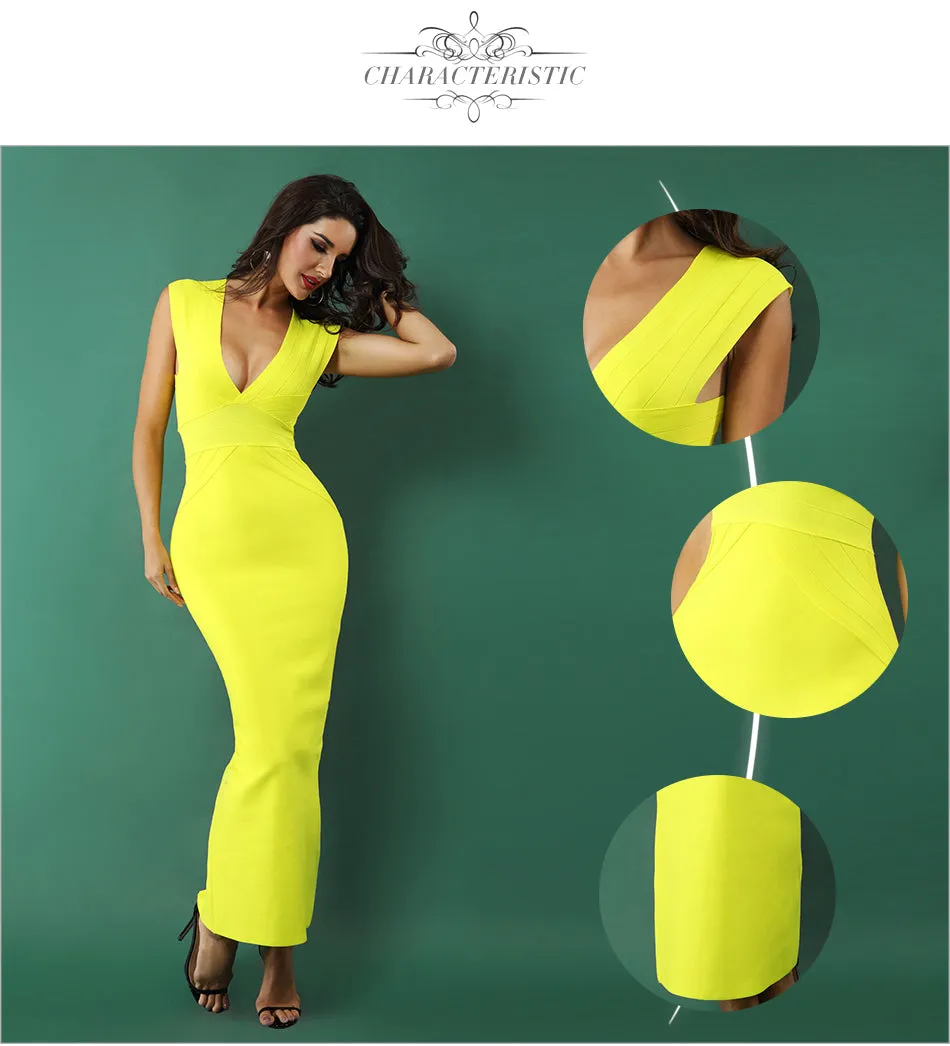 Sexy Yellow Sleeveless  V Neck Woman Maxi Dress