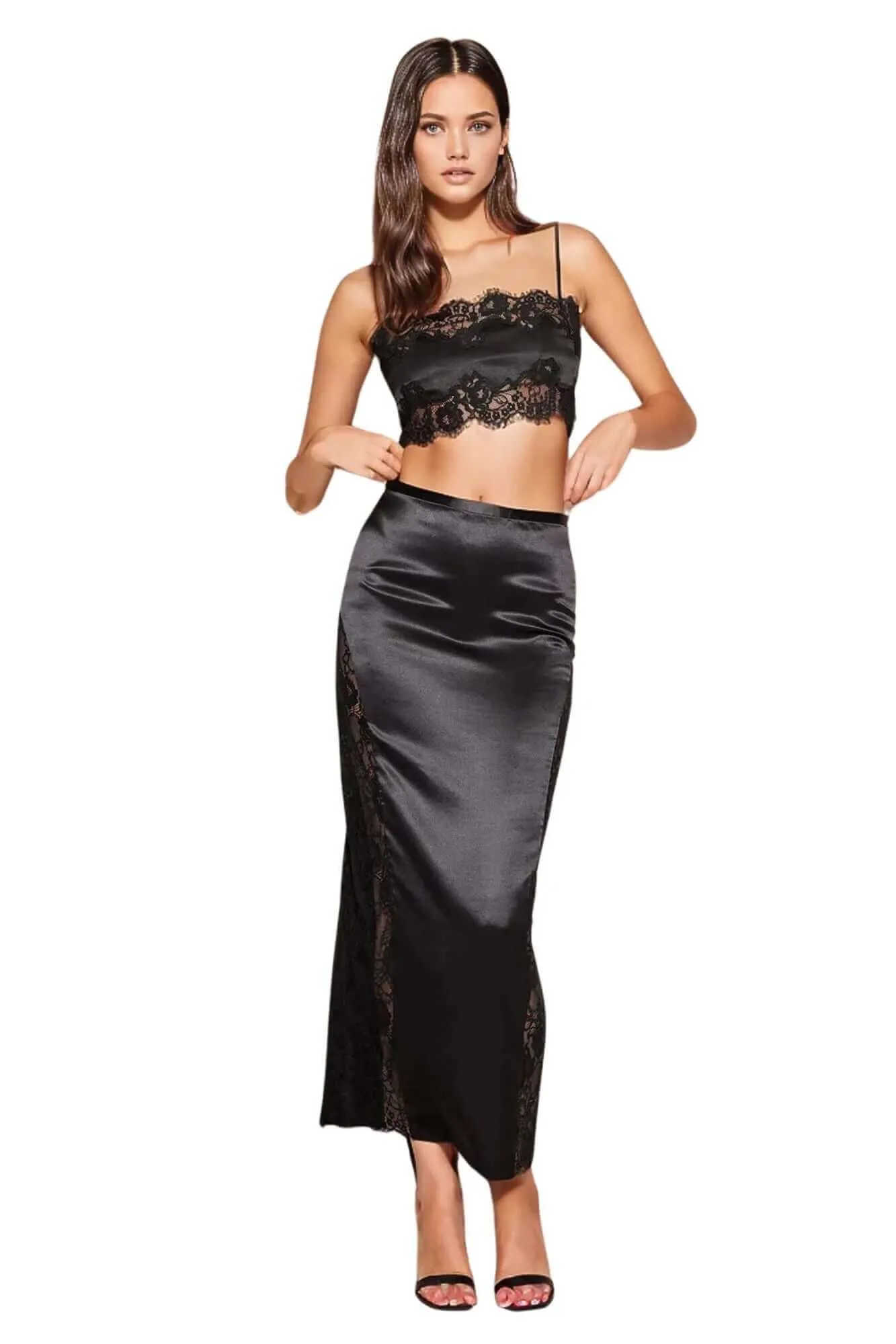 Silk and Lace Insert Maxi Skirt in Black
