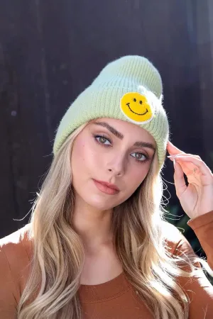 Smiley Face Ribbed Beanie (Mint)