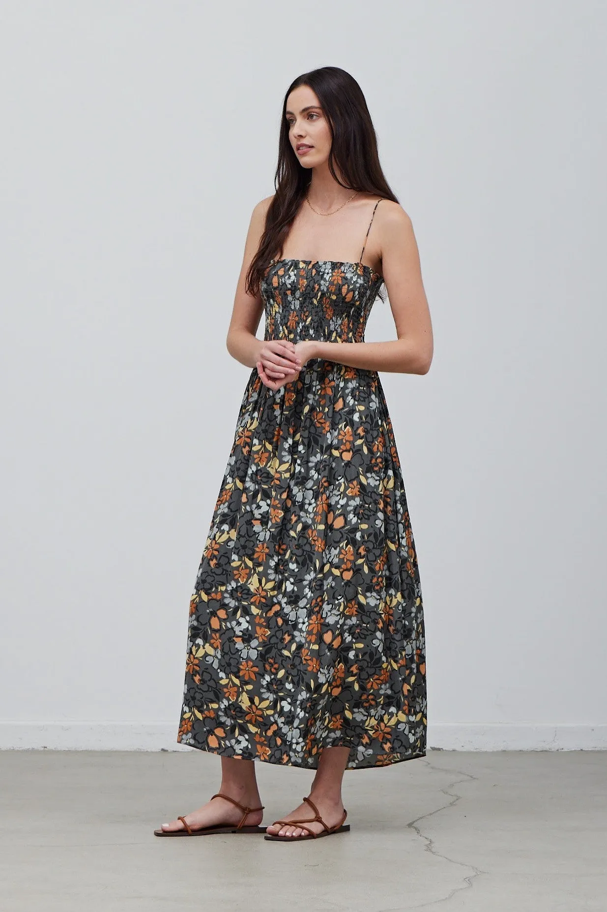 SMOCKED BODICE SATIN DRESS