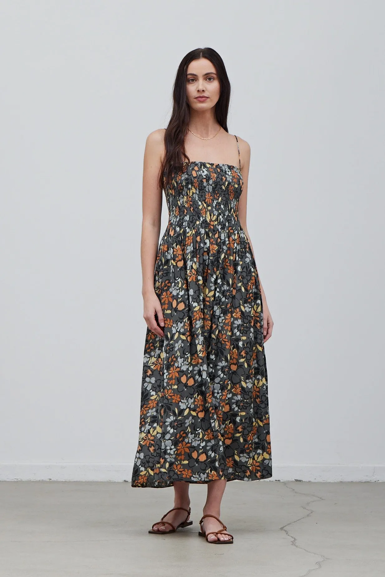 SMOCKED BODICE SATIN DRESS