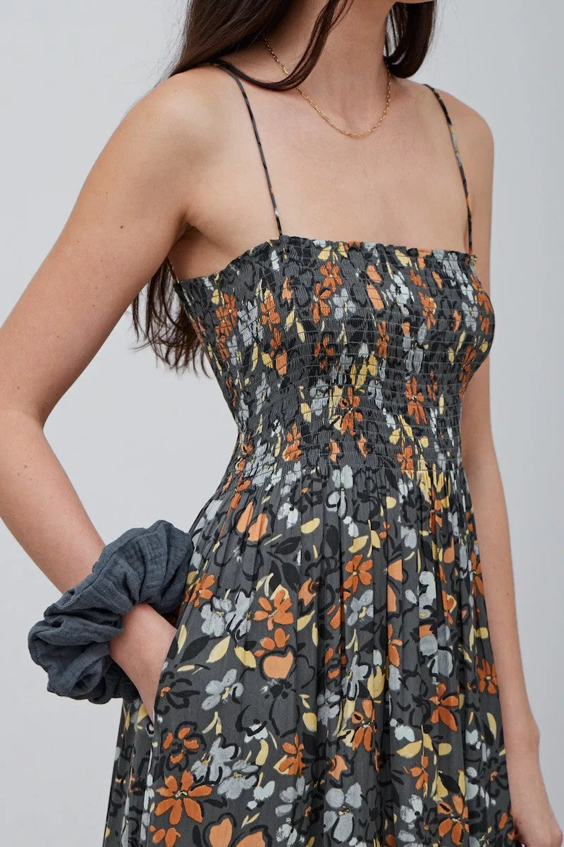 SMOCKED BODICE SATIN DRESS