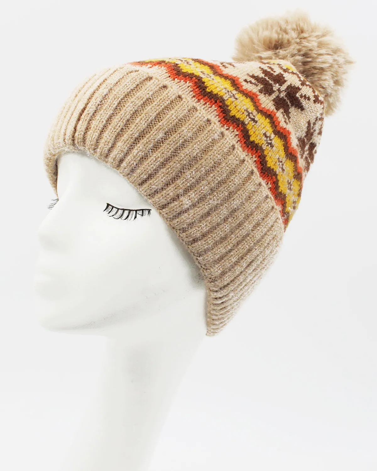 Snowflake Print Knitted Pom Pom Beanie