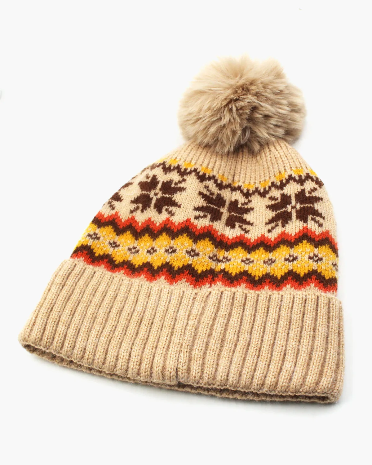 Snowflake Print Knitted Pom Pom Beanie