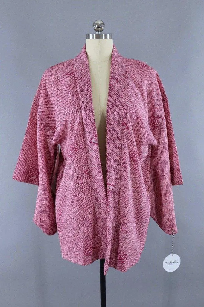 Vintage 1960s Dark Pink Shibori Silk Kimono Cardigan Jacket