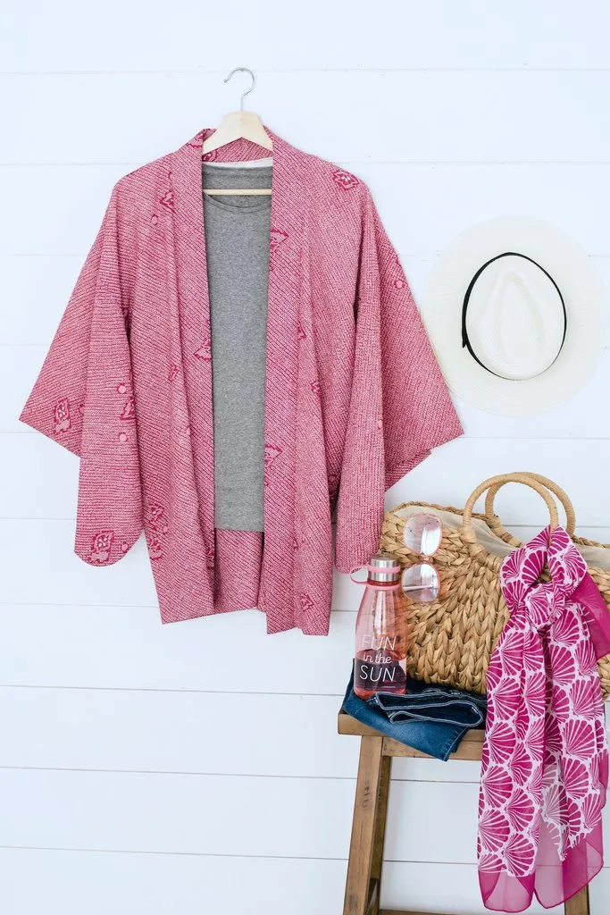Vintage 1960s Dark Pink Shibori Silk Kimono Cardigan Jacket