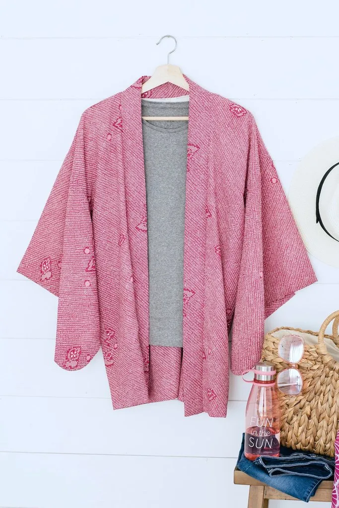 Vintage 1960s Dark Pink Shibori Silk Kimono Cardigan Jacket