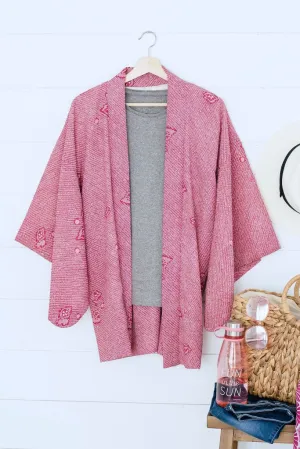 Vintage 1960s Dark Pink Shibori Silk Kimono Cardigan Jacket