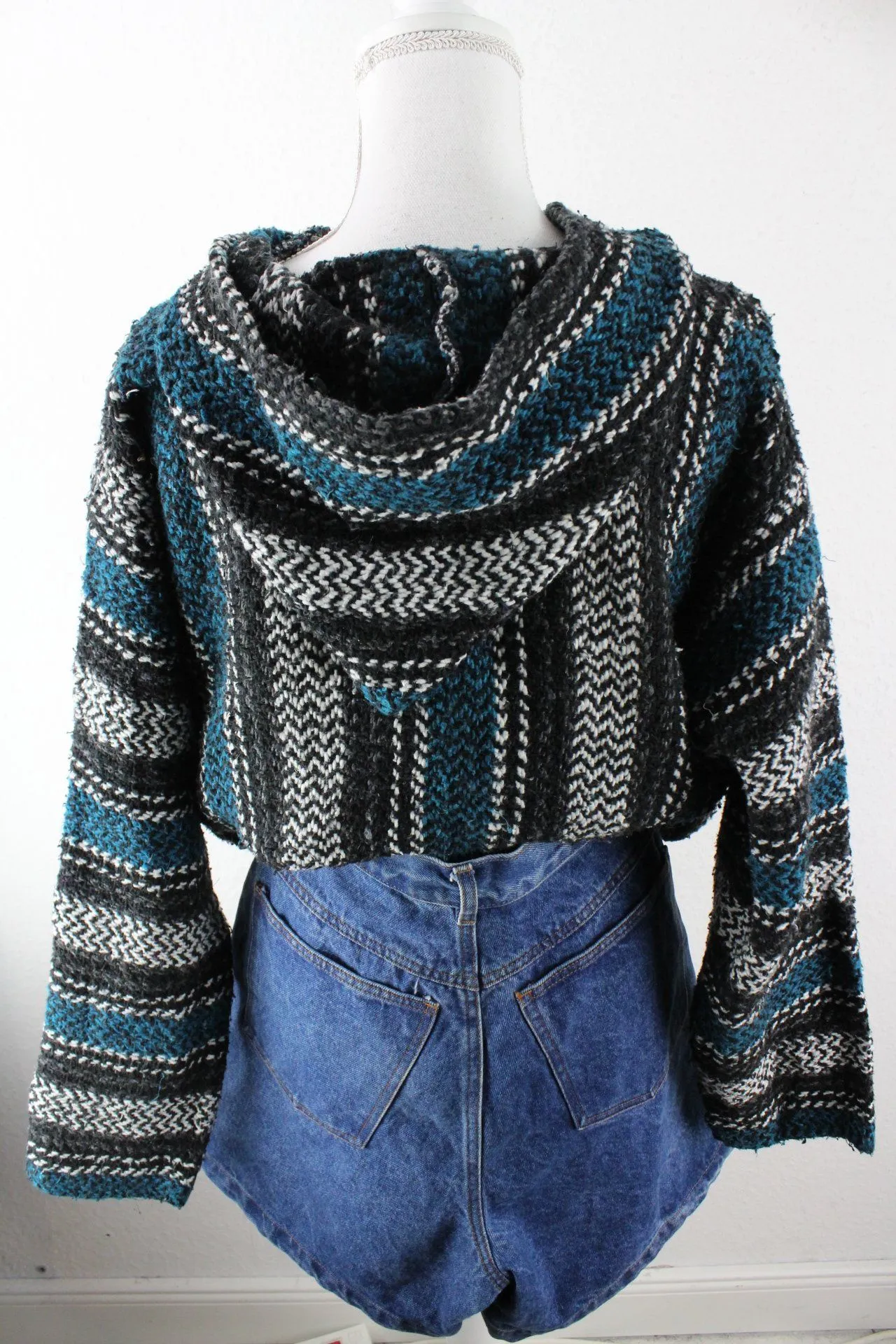 Vintage Blue Stripe Knit Hoodie (L)