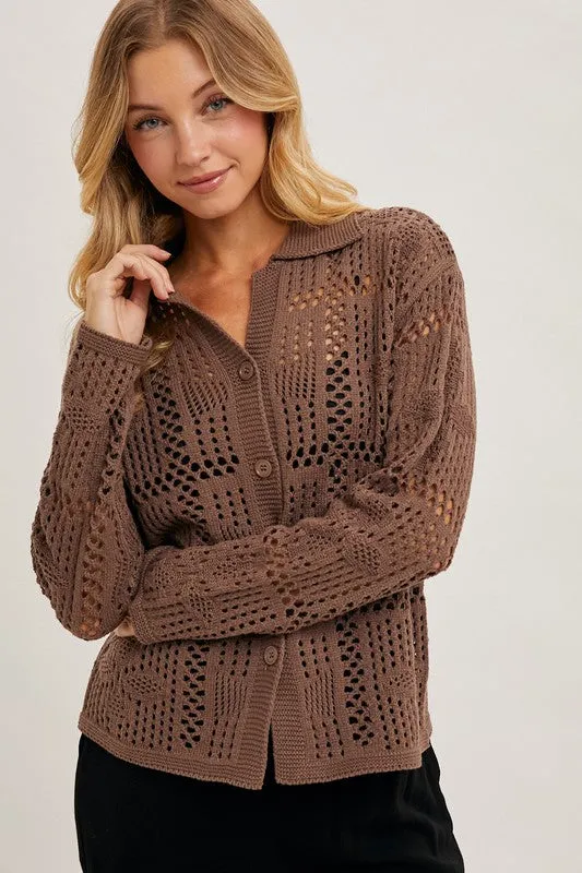 Waitlist 12/24 ♥ Jacie Long Sleeve Button Down Crochet Cardigan Top Brown