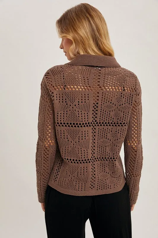 Waitlist 12/24 ♥ Jacie Long Sleeve Button Down Crochet Cardigan Top Brown