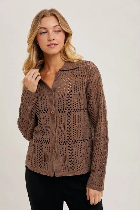 Waitlist 12/24 ♥ Jacie Long Sleeve Button Down Crochet Cardigan Top Brown