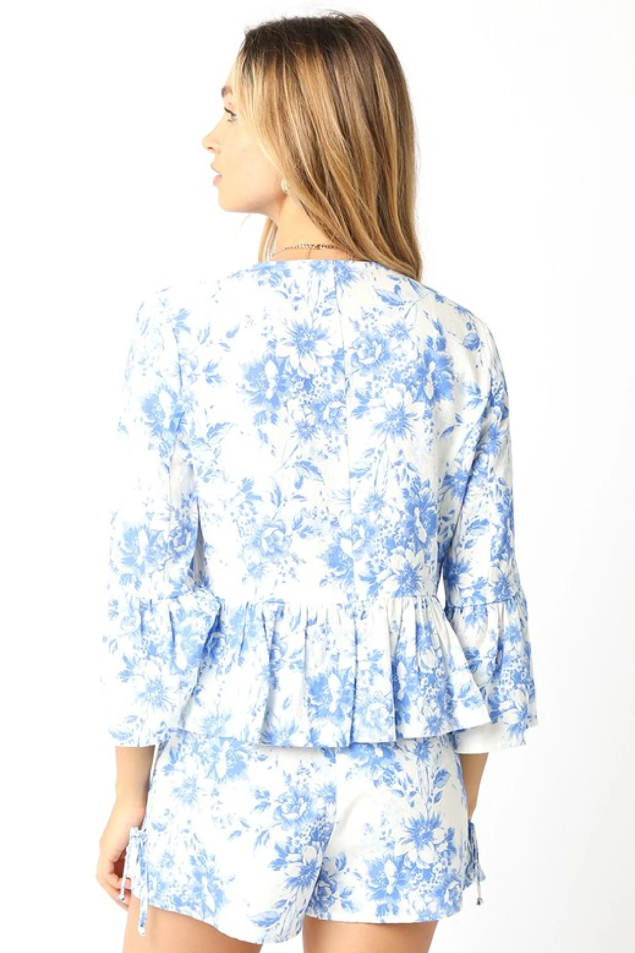 Waitlist 2/20 ♥ Maribel 3/4 Ruffle Sleeve Front Tie Floral Print Top Blue