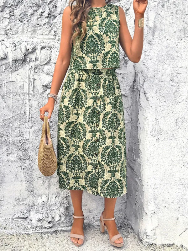 Women's Bohemian Print Sleeveless Top With Matching Midi Skirt