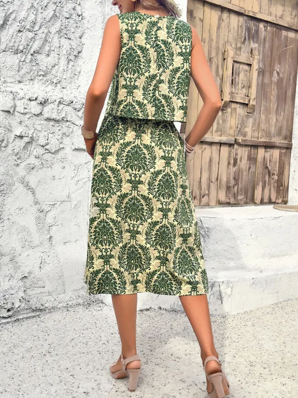 Women's Bohemian Print Sleeveless Top With Matching Midi Skirt