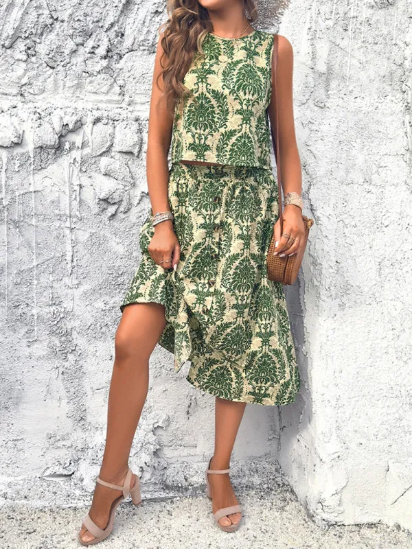 Women's Bohemian Print Sleeveless Top With Matching Midi Skirt