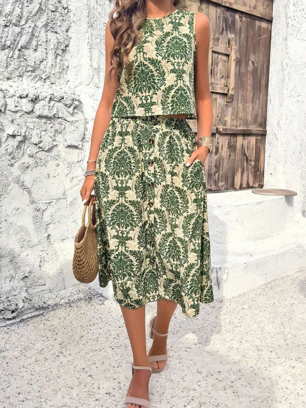 Women's Bohemian Print Sleeveless Top With Matching Midi Skirt