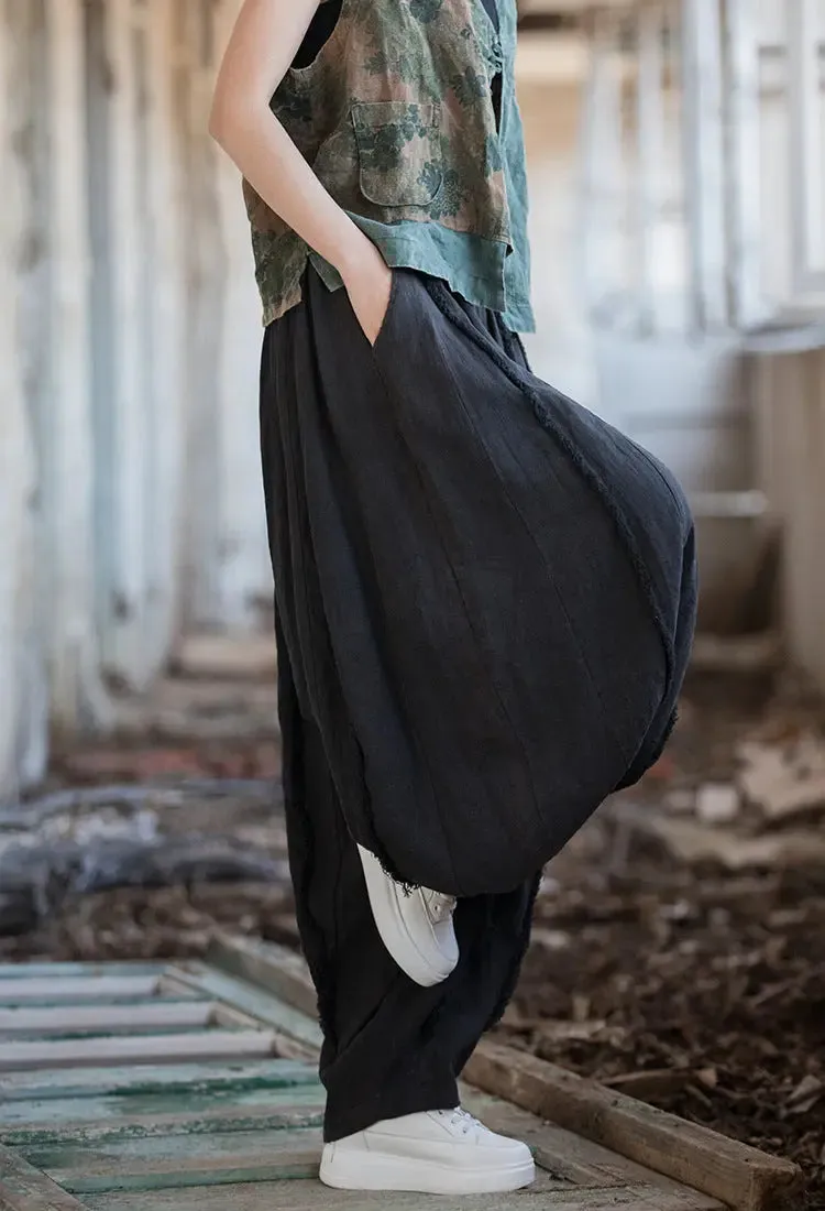 Women's Summer Green Linen Tapered Harem Pants with Bohemian Maxi Length