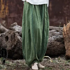 Women's Summer Green Linen Tapered Harem Pants with Bohemian Maxi Length